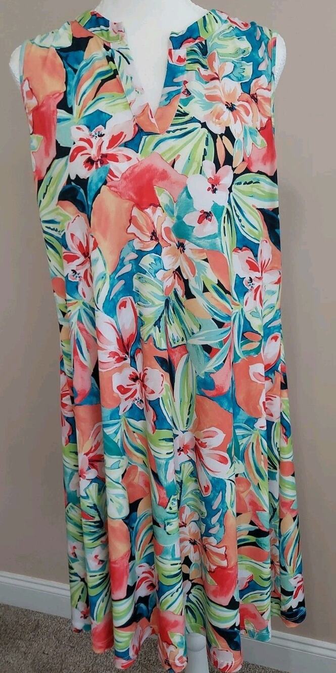 Chico's Blue Green Teal Tropical Floral Watercolor Print Dress 1 (US Medium)